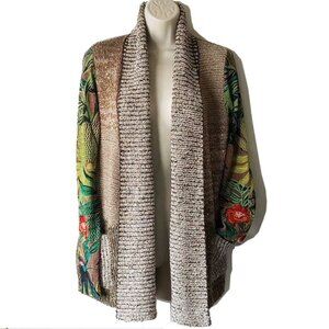Desigual Rib Knit Open Cardigan XS Gold Sequins Floral Embroidery